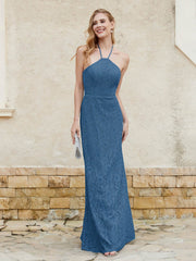 Robe Fourreau en Dentelle Longueur au Sol à Col Licou Bleu Encre Grande Taille