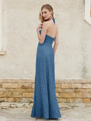 Robe Fourreau en Dentelle Longueur au Sol à Col Licou Bleu Encre