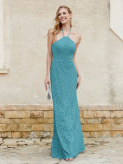 Robe Fourreau en Dentelle Longueur au Sol à Col Licou Jade Grande Taille
