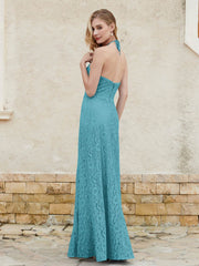 Robe Fourreau en Dentelle Longueur au Sol à Col Licou Jade