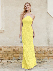 Robe Fourreau en Dentelle Longueur au Sol à Col Licou Citron Grande Taille