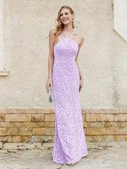 Robe Fourreau en Dentelle Longueur au Sol à Col Licou Lilas Grande Taille