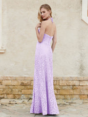 Robe Fourreau en Dentelle Longueur au Sol à Col Licou Lilas