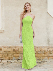 Robe Fourreau en Dentelle Longueur au Sol à Col Licou Vert Citron Grande Taille