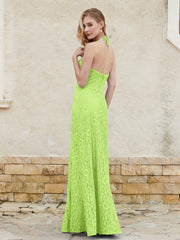 Robe Fourreau en Dentelle Longueur au Sol à Col Licou Vert Citron Grande Taille