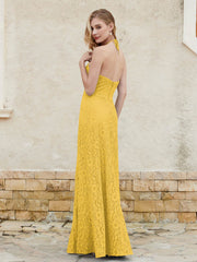 Robe Fourreau en Dentelle Longueur au Sol à Col Licou Souci