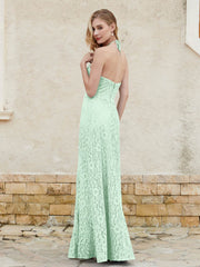 Robe Fourreau en Dentelle Longueur au Sol à Col Licou Vert Menthe