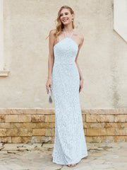 Robe Fourreau en Dentelle Longueur au Sol à Col Licou Brume Grande Taille