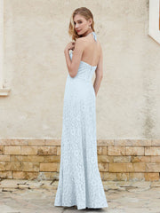 Robe Fourreau en Dentelle Longueur au Sol à Col Licou Brume Grande Taille