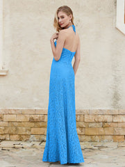 Robe Fourreau en Dentelle Longueur au Sol à Col Licou Bleu Océan Grande Taille