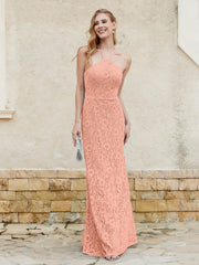 Robe Fourreau en Dentelle Longueur au Sol à Col Licou Papaye Grande Taille