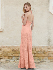 Robe Fourreau en Dentelle Longueur au Sol à Col Licou Papaye