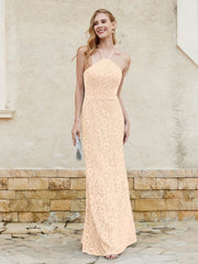 Robe Fourreau en Dentelle Longueur au Sol à Col Licou Pêche Grande Taille