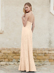 Robe Fourreau en Dentelle Longueur au Sol à Col Licou Pêche