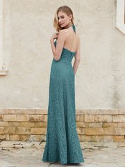 Robe Fourreau en Dentelle Longueur au Sol à Col Licou Paon