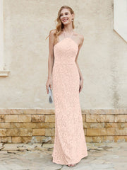 Robe Fourreau en Dentelle Longueur au Sol à Col Licou Rose Perle Grande Taille