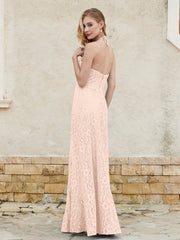 Robe Fourreau en Dentelle Longueur au Sol à Col Licou Rose Perle Grande Taille