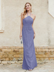 Robe Fourreau en Dentelle Longueur au Sol à Col Licou Pervenche Grande Taille