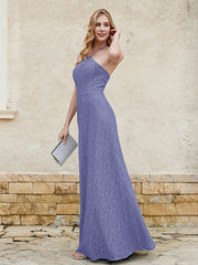 Robe Fourreau en Dentelle Longueur au Sol à Col Licou Pervenche