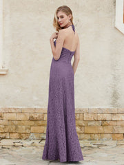 Robe Fourreau en Dentelle Longueur au Sol à Col Licou Plum