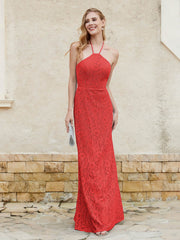 Robe Fourreau en Dentelle Longueur au Sol à Col Licou Rouge Grande Taille