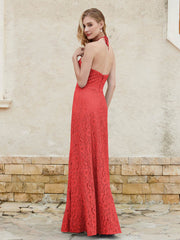 Robe Fourreau en Dentelle Longueur au Sol à Col Licou Rouge Grande Taille