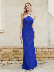 Robe Fourreau en Dentelle Longueur au Sol à Col Licou Bleu Royale Grande Taille