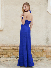Robe Fourreau en Dentelle Longueur au Sol à Col Licou Bleu Royale