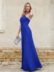 Robe Fourreau en Dentelle Longueur au Sol à Col Licou Bleu Royale
