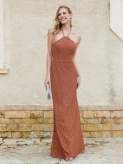 Robe Fourreau en Dentelle Longueur au Sol à Col Licou Rouille