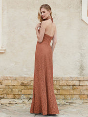 Robe Fourreau en Dentelle Longueur au Sol à Col Licou Rouille Grande Taille