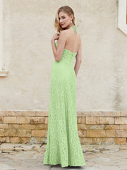 Robe Fourreau en Dentelle Longueur au Sol à Col Licou Sauge
