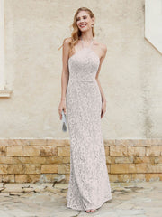 Robe Fourreau en Dentelle Longueur au Sol à Col Licou Argent Grande Taille