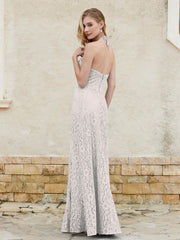 Robe Fourreau en Dentelle Longueur au Sol à Col Licou Argent Grande Taille