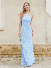 Robe Fourreau en Dentelle Longueur au Sol à Col Licou Bleu Ciel