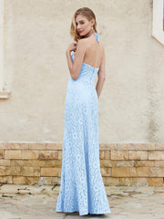 Robe Fourreau en Dentelle Longueur au Sol à Col Licou Bleu Ciel