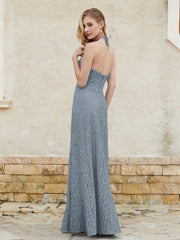 Robe Fourreau en Dentelle Longueur au Sol à Col Licou Bleu de Schiste