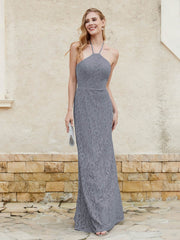 Robe Fourreau en Dentelle Longueur au Sol à Col Licou Gris Acier Grande Taille