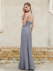 Robe Fourreau en Dentelle Longueur au Sol à Col Licou Gris Acier Grande Taille
