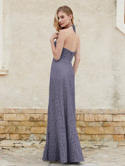 Robe Fourreau en Dentelle Longueur au Sol à Col Licou Orageux