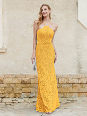 Robe Fourreau en Dentelle Longueur au Sol à Col Licou Mandarine