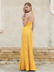 Robe Fourreau en Dentelle Longueur au Sol à Col Licou Mandarine