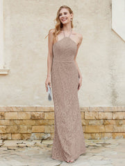 Robe Fourreau en Dentelle Longueur au Sol à Col Licou Taupe Grande Taille