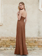 Robe Fourreau en Dentelle Longueur au Sol à Col Licou Terracotta