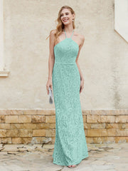 Robe Fourreau en Dentelle Longueur au Sol à Col Licou Turquoise