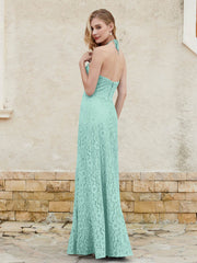 Robe Fourreau en Dentelle Longueur au Sol à Col Licou Turquoise