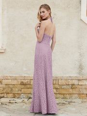 Robe Fourreau en Dentelle Longueur au Sol à Col Licou Vintage Mauve