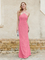Robe Fourreau en Dentelle Longueur au Sol à Col Licou Pastèque Grande Taille