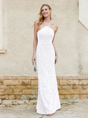 Robe Fourreau en Dentelle Longueur au Sol à Col Licou Blanc