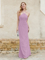 Robe Fourreau en Dentelle Longueur au Sol à Col Licou Glycine Grande Taille